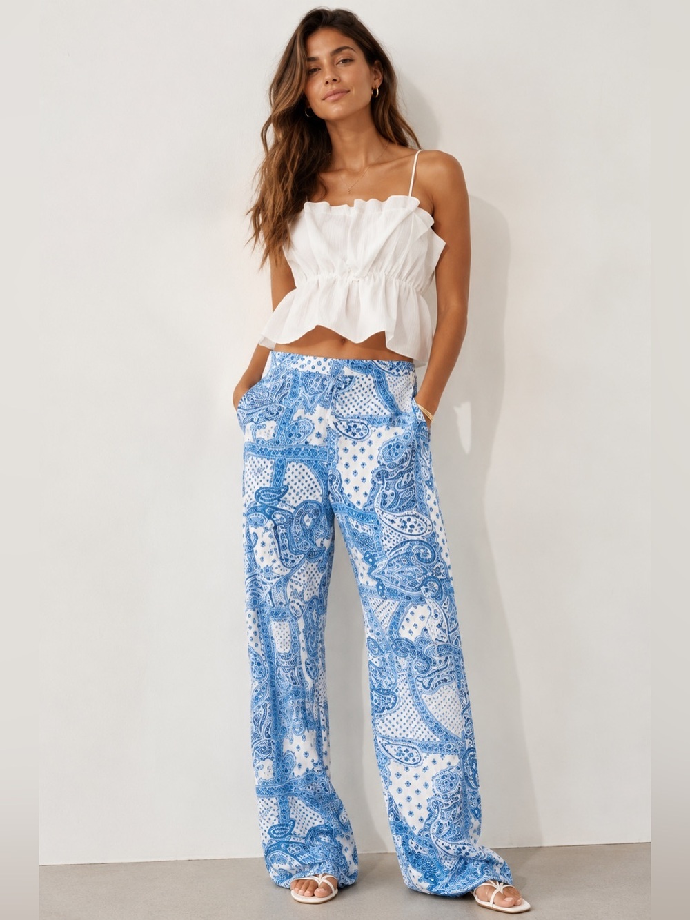 ZARA PAISLEY PRINT BLUE WHITE WIDE LEG PANTS